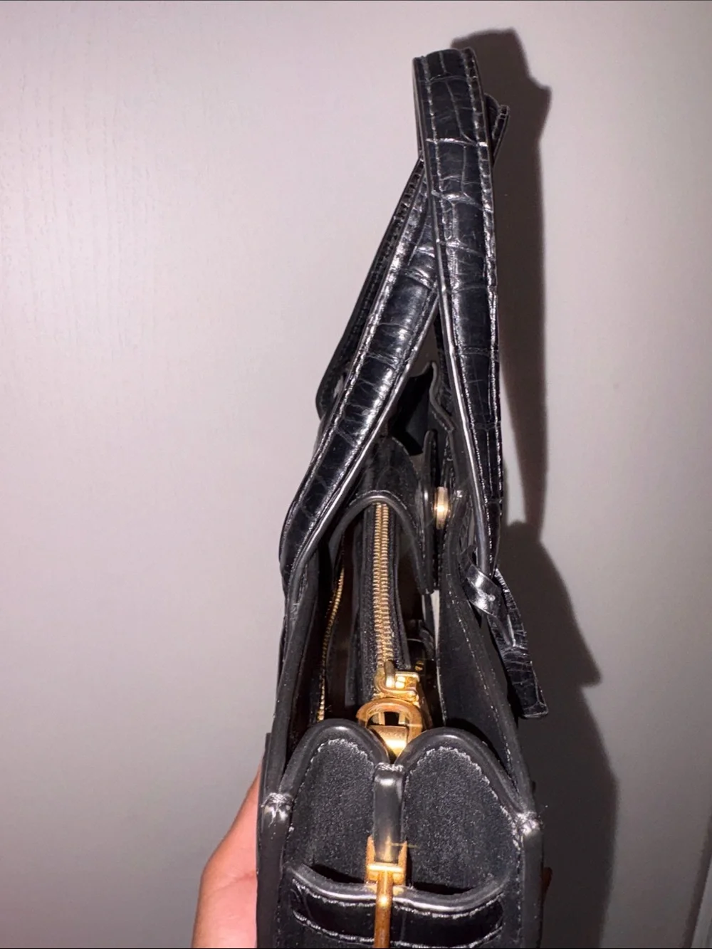 Tory Burch Black Croc-Embossed Satchel with Gold Logo